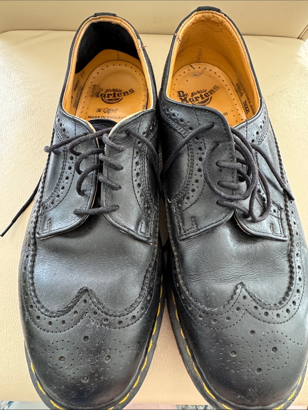 Dr. Marten 12 Black Leather Wingtip Brogue Oxfords with Yellow Welt Stitching